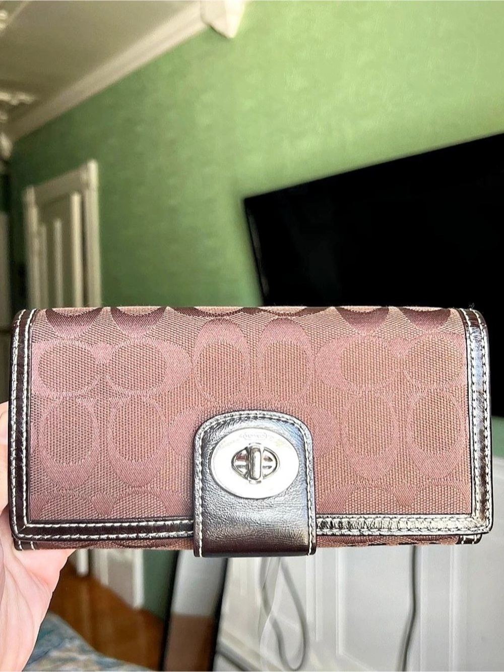 Vintage Coach Brown Signature Canvas Turnlock Wallet